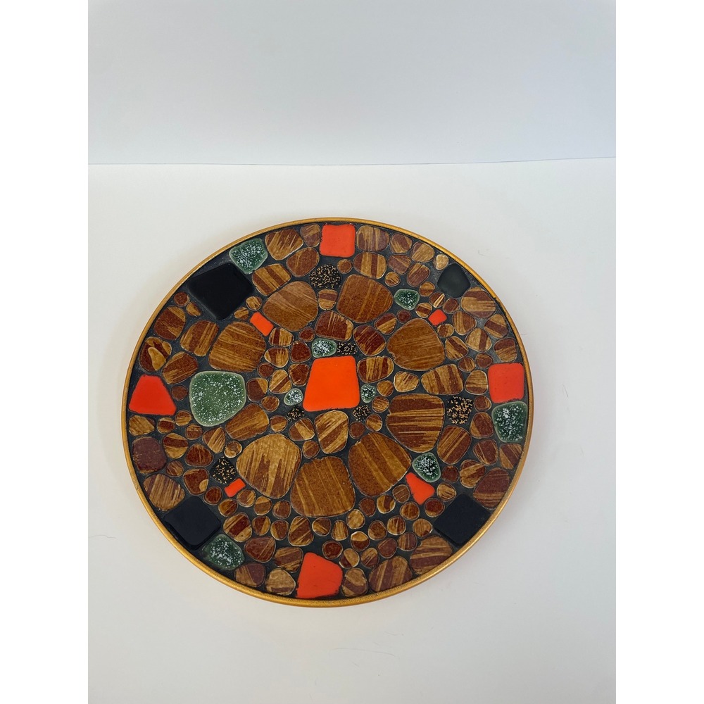 MCM Mid Century Modern Mosaic Platter Orange Brown River Stones Japan 11"